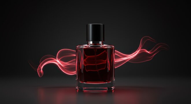 Elegant perfume bottle with captivating red smoke effect on a dark background showcases luxury fragrance
