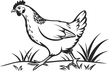 Fototapeta premium Monochrome Depiction of a Walking Chicken Amidst Grass Detailed Black and White Poultry Illustration