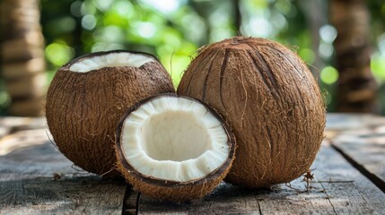 Coconut halves on a rustic wooden table, with a blurred green background and natural lighting.