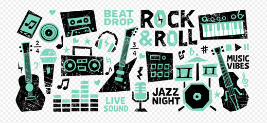 Crayon music sticker set merges rock guitar, hand drawn doodle icons and cassette graphics. Crayon music layout works for retro label, notebook cover, festival poster and abstract street art banner.