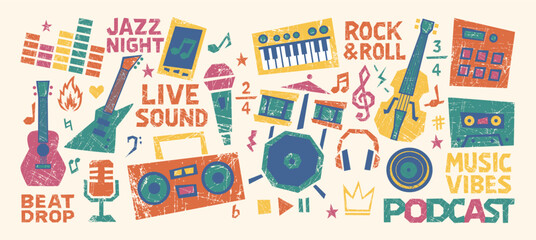 Crayon music sticker design mixes rock doodle art, hand drawn icons and sketch instruments. Crayon music composition fits vintage poster, t-shirt print, concert flyer, street banner and retro wallpape © Rina Antipina