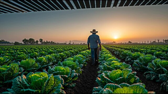Hopeful farmer in cabbage field at sunrise exploring sustainable agrivoltaics, future concept for agriculture and healthy food production