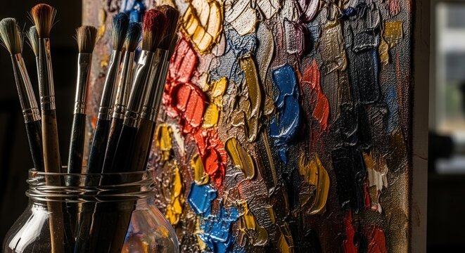 An array of paintbrushes in a clear jar stands beside a vibrant textured oil painting showcasing thick impasto strokes of multiple colors on canvas - Powered by Adobe