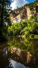 Calm river reflecting cliffs and trees