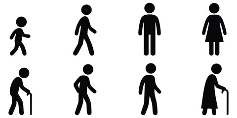 Stickman silhouette collection showing male and female life stages from childhood, youth, adulthood to elderly with cane support