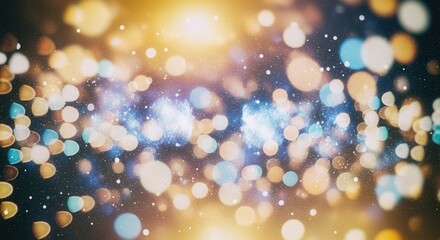 Blurred light orbs in warm gold and cool blue tones float against a dark background accented by numerous small bright flecks