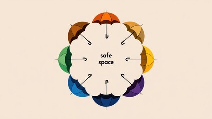 A Creative Representation of a Safe Space Illustrated with Colorful Umbrellas Symbolizing Acceptance, Diversity, and Community Support