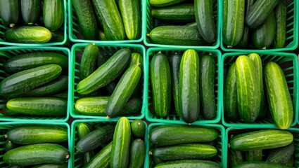 A Vibrant Display of Fresh Cucumbers Arranged Neatly in Green Baskets Showcasing Their Crisp Texture and Lush Green Color in a Market Setting