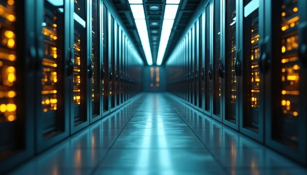 Illuminated server room corridor with rows of racks containing glowing orange server equipment. Modern data center interior with blue, white lights, suggesting digital upgrade, technological