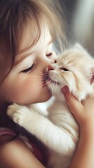 Loving embrace Little girl gently hugs and cuddles her adorable ginger kitten