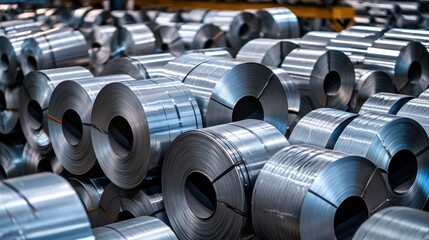 A large pile of metal rolls, possibly steel, in a warehouse or factory setting. The rolls are silver and metallic, with some visible rust and wear.