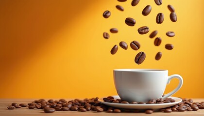 White coffee cup on saucer with scattered and falling coffee beans. Warm orange background promotes morning energy and motivation. Rustic, cozy scene with caffeine boost and morning ritual.