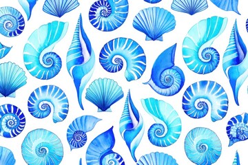 A Vibrant Collection of Blue Seashells and Spirals Featuring Diverse Marine Shell Designs in Gorgeous Watercolor Styles