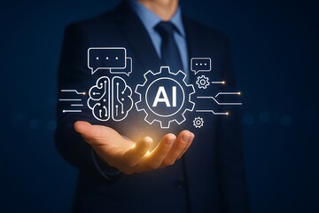 Businessman Holding AI Hologram with Brain and Chatbot Technology Concept.