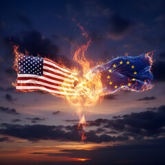 Conflict and crisis: burning US and European Union flags collide in a dramatic sky, symbolizing geopolitical tension
