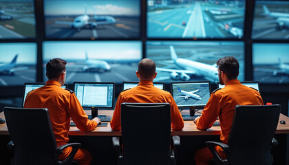 Air traffic controllers in orange uniforms monitor multiple screens showing airplanes, airport runways. Work in modern control center, coordinating flight operations with advanced technology,