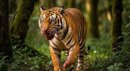 Obraz premium A majestic tiger with a bloody mouth walks through a lush green forest, showcasing its powerful presence in the wild.