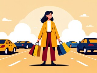 A Stylish Woman in Yellow Coat with Shopping Bags Stranded Amidst Busy Traffic Surrounded by Colorful Cars and Blue Sky.
