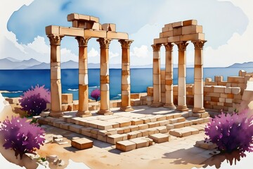 A Timeless Architectural Marvel by the Sea: Ancient Ruins with Majestic Columns Surrounded by Vibrant Flora and Serene Waters