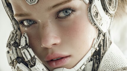 Close-up of a young woman with bright blue eyes and futuristic cybernetic enhancements on her face, detailed robotic parts, eco-friendly technology theme