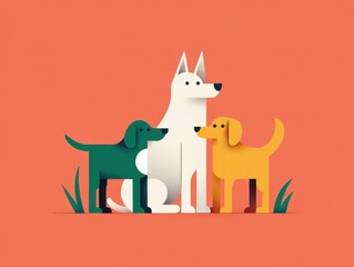 A Vibrant Illustration Featuring Three Stylized Dogs in Various Colors Against a Bright Background, Perfect for Animal Lovers and Pet Enthusiasts