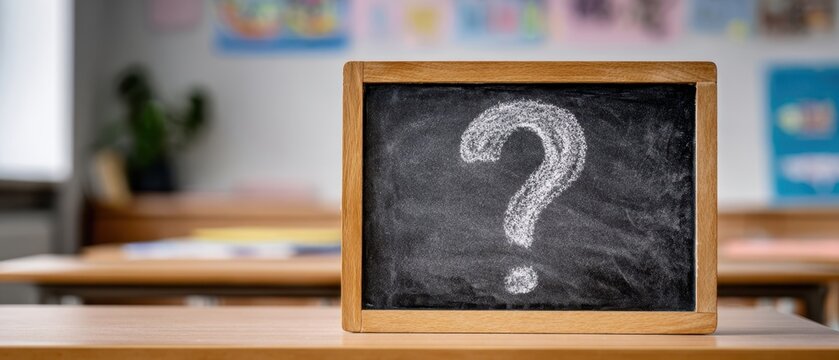 The Chalkboard with a Large Question Mark on a Classroom Desk