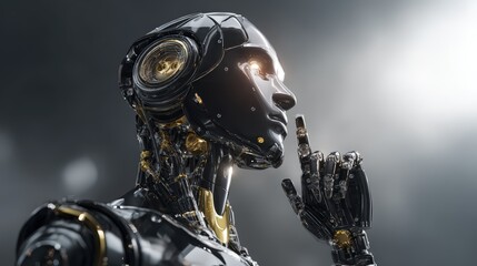 Fototapeta premium Highly detailed humanoid robot with futuristic design showcasing advanced artificial ligence technology and metallic body parts on dark background