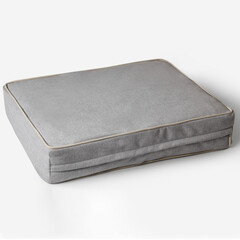 Gray rectangular pet bed resting on white background