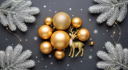 Golden spherical ornaments and a glitter reindeer surrounded by white frosted evergreen branches with string lights on a dark background accented with small stars and snowflakes