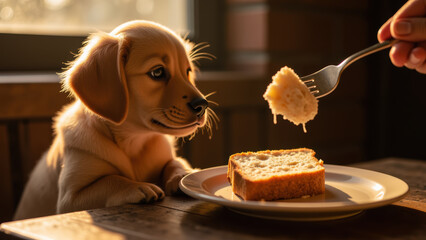 Curious puppy gazes at slice of bread on plate, captivated by food being offered. warm sunlight enhances cozy atmosphere