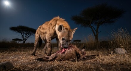 Fototapeta premium Spotted hyena devouring prey under the moonlight in the African savanna.