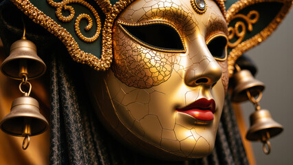 Golden mask with intricate details, featuring cracked texture and decorative elements, evokes sense of mystery and elegance