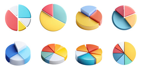 3D pie chart transparent in png no background for financial decoration.