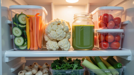 Fresh vegetables and healthy drinks are organized in refrigerator, showcasing vibrant colors and nutritious options
