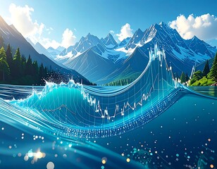 Mountain lake with financial chart wave