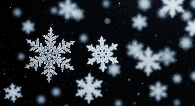 Intricate crystalline snowflakes in varying focus against a deep black background creating a wintery atmospheric display