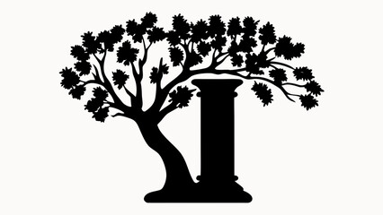 Fototapeta premium Silhouette of a tree with leaves next to a classical pillar on a white background creating contrast