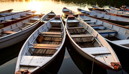 Rowboats at dawn on a lake