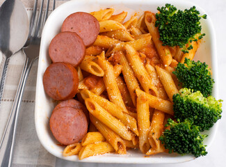 penne pasta with kielbasa  and broccoli