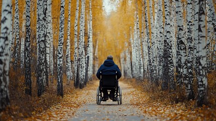 Man in Wheelchair on Path Through Autumn Birch Tree Forest Landscape
