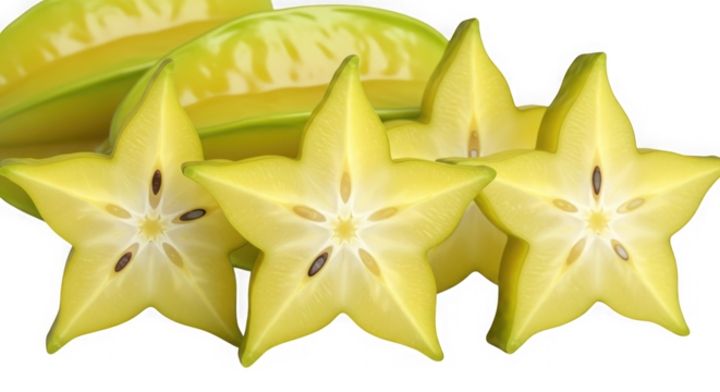 Close-up of fresh star fruit slices with vibrant yellow hues revealing their unique star shape and inner texture transparent background