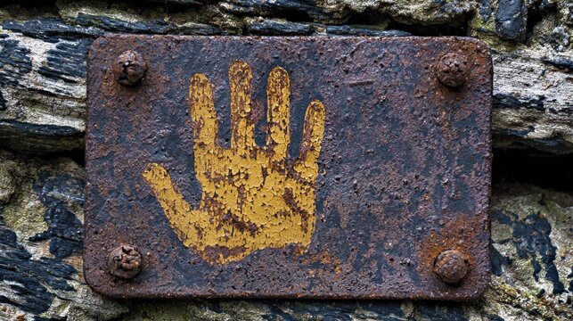 A rusty metal sign with a handprint on it, mounted on a stone wall with a weathered texture.