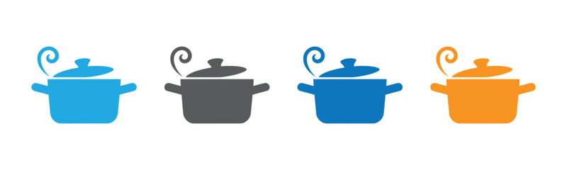 Four Colorful Cooking Pot Icons Representing Various Dishes