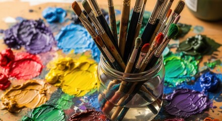 Paint brushes stand upright in a glass jar of water surrounded by numerous textured splotches of colorful paint on a wooden surface