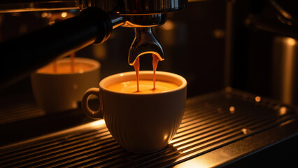 Warm cup of coffee is being brewed, with rich espresso flowing into white ceramic mug. scene is illuminated by soft, ambient light, creating cozy