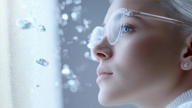 Woman wearing glasses looking at floating bubbles. Vision through glasses shows bubbles floating near person's face, resembling video technology metaphor