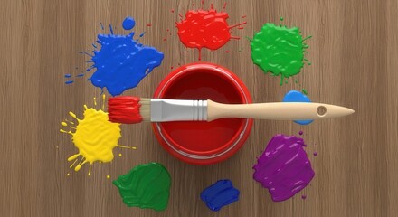 Paintbrush rests on a red paint can surrounded by colorful paint splatters on a wooden surface