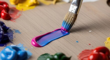 Paintbrush spreading blue and pink paint on a wooden surface surrounded by blobs of various colors like red yellow green and dark blue Water droplets cling to the brush