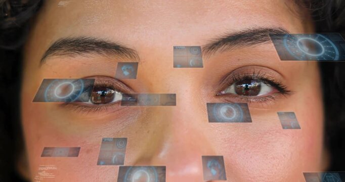 woman blinking during eye-tracking calibration, pulsing panels aligning then dispersing around eyes