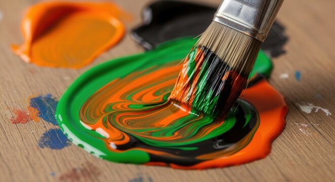 Paintbrush mixing green orange and black paint on a wooden surface